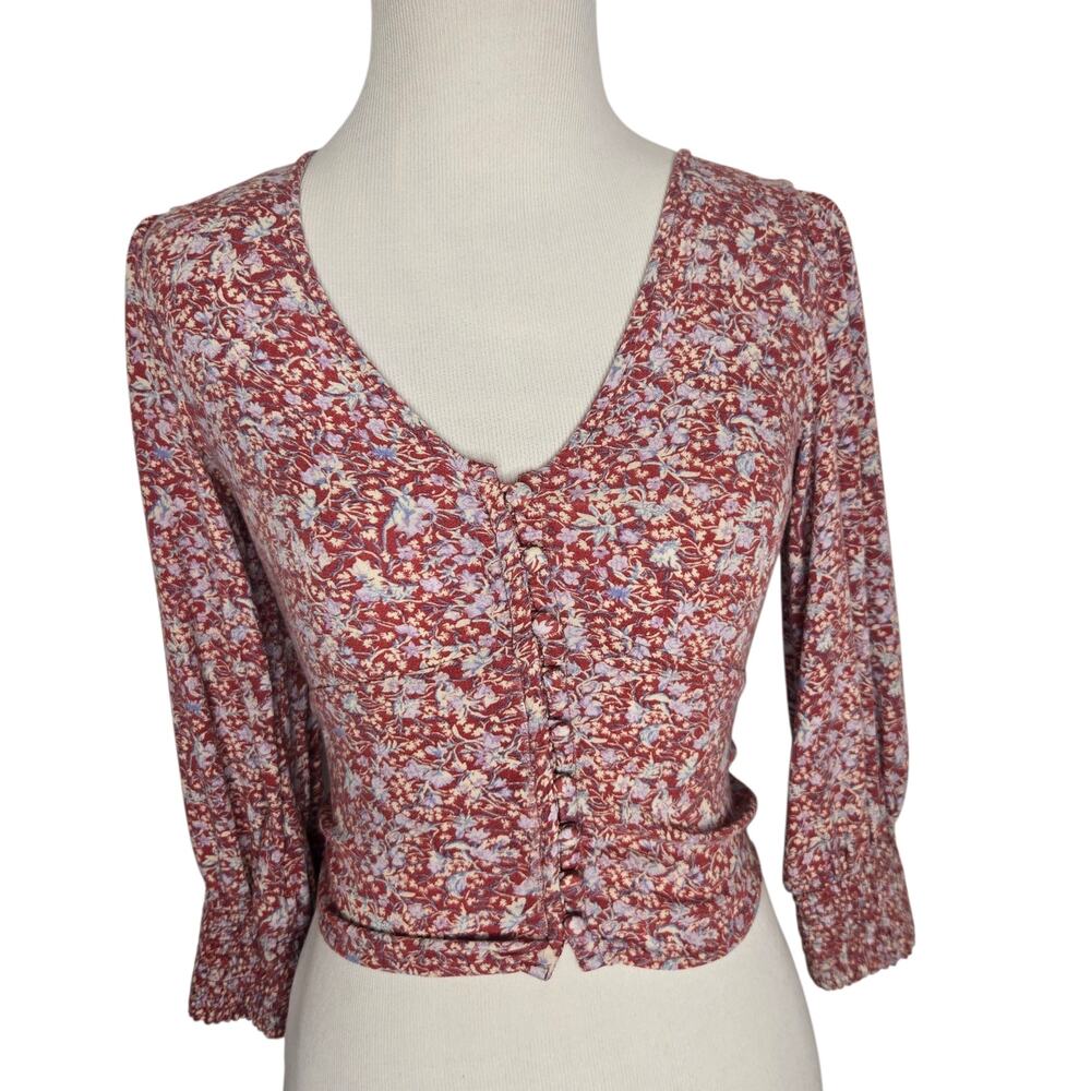 Abercrombie & Fitch Coquette Crop Top Floral Red Smocked Romantic Women XS